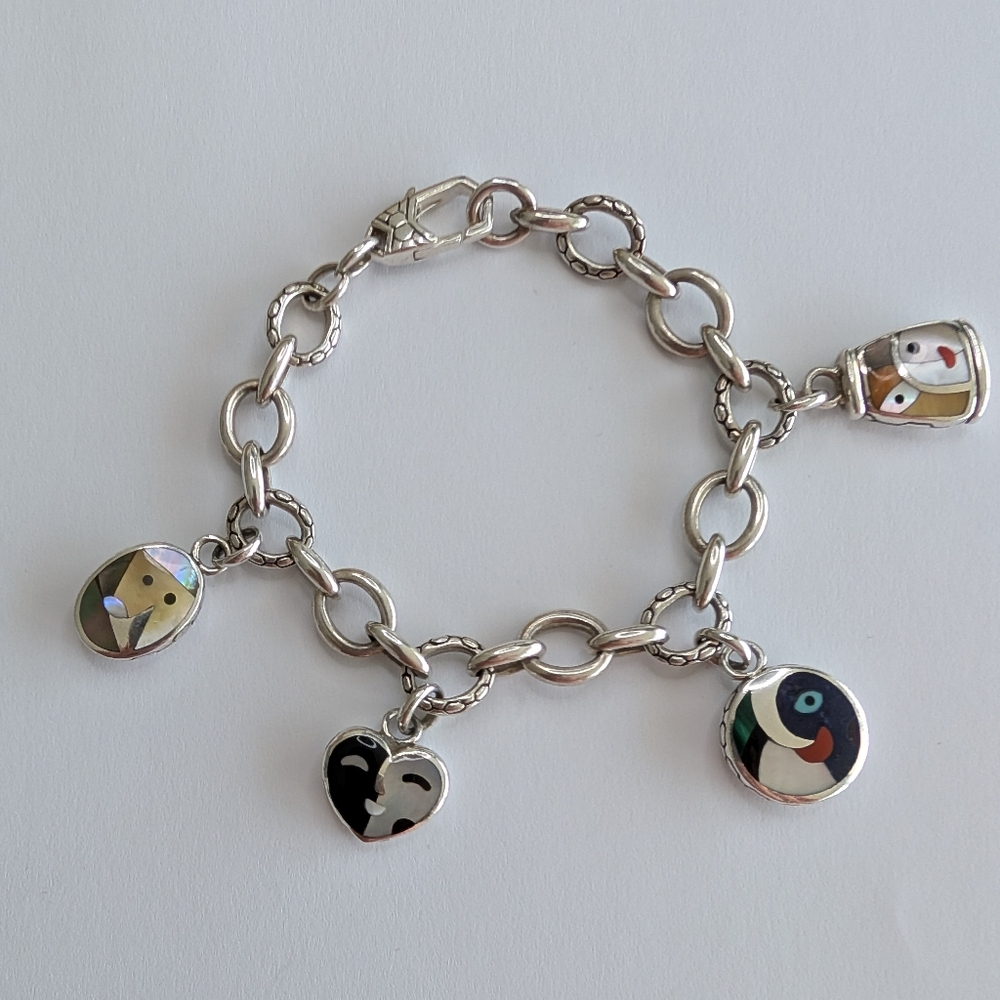 Asch Grossbardt 925 Sterling Silver Multi Gemstone 7.25" Picasso Charm Bracelet